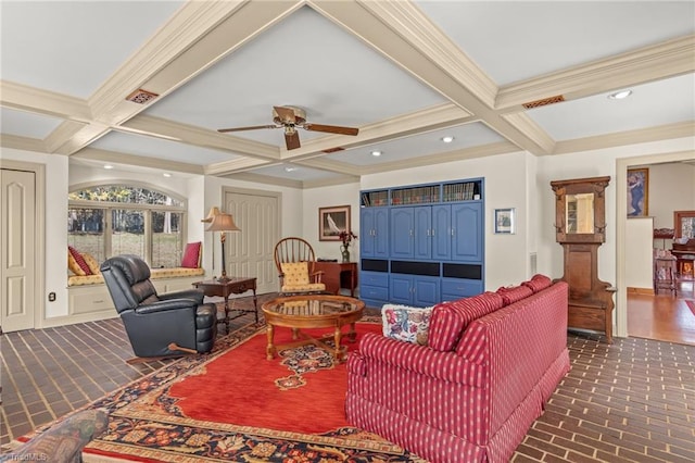 living room with visible vents, beamed ceiling, and recessed lighting