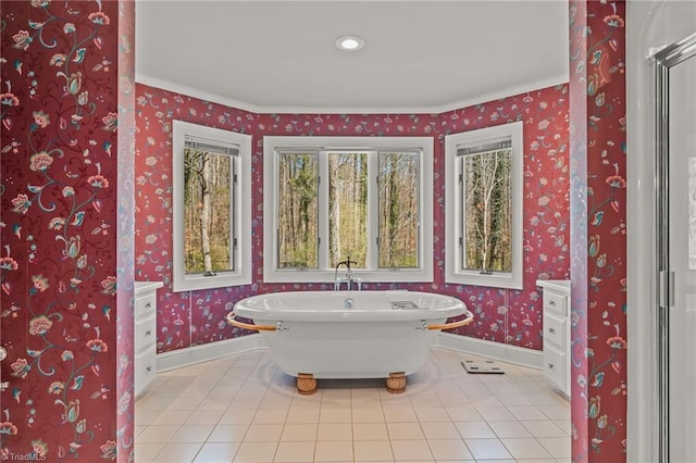 bathroom with tile patterned floors, baseboards, and wallpapered walls