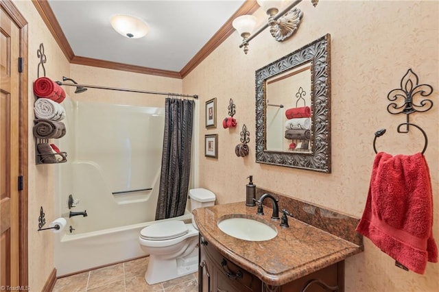 full bathroom with toilet, ornamental molding, shower / bath combo, vanity, and wallpapered walls