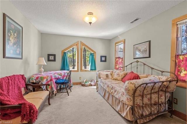 living area with carpet floors, baseboards, visible vents, and a textured ceiling