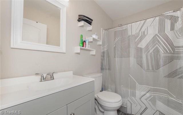 bathroom featuring vanity, toilet, and curtained shower