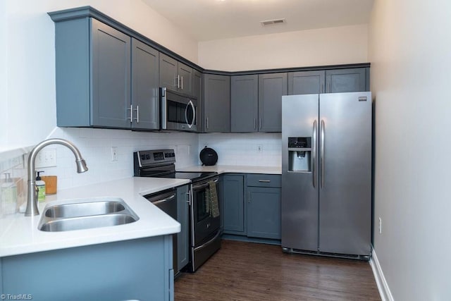 kitchen featuring sink, gray cabinetry, backsplash, dark hardwood / wood-style flooring, and stainless steel appliances