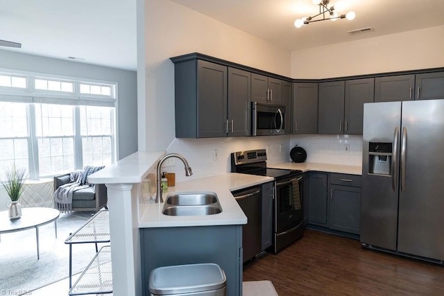 kitchen with sink, dark hardwood / wood-style flooring, kitchen peninsula, stainless steel appliances, and decorative backsplash