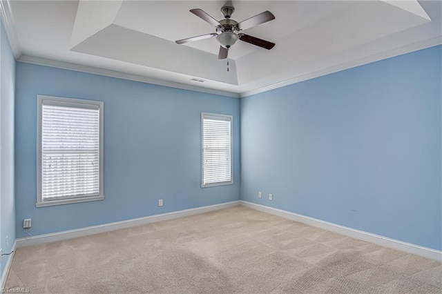 carpeted spare room featuring a raised ceiling, ceiling fan, and a healthy amount of sunlight