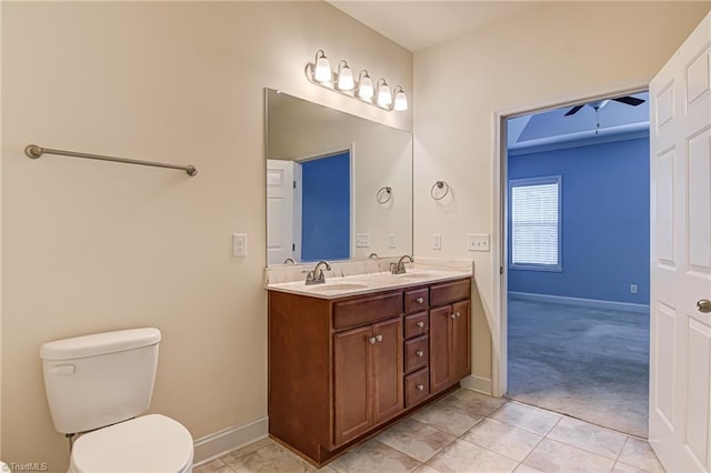 bathroom featuring tile patterned floors, vanity, toilet, and ceiling fan