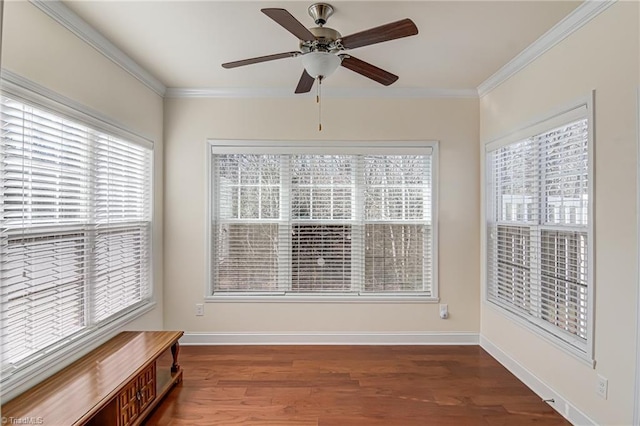 spare room with a wealth of natural light, ceiling fan, and crown molding