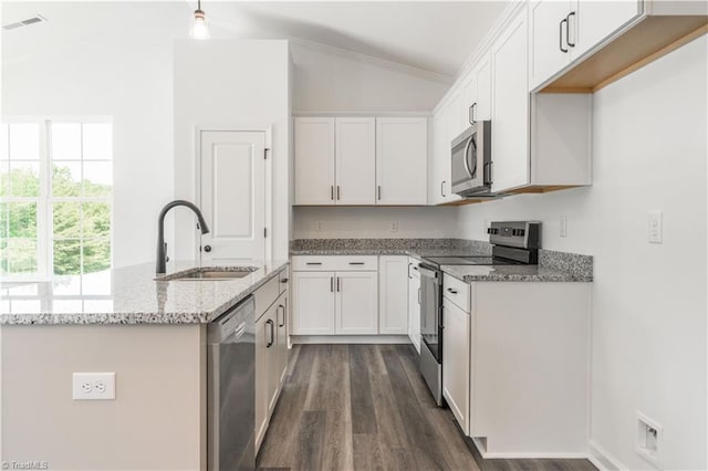 kitchen with lofted ceiling, appliances with stainless steel finishes, white cabinetry, and sink