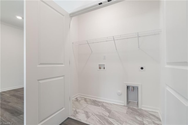 washroom featuring light wood-type flooring, hookup for an electric dryer, gas dryer hookup, and washer hookup