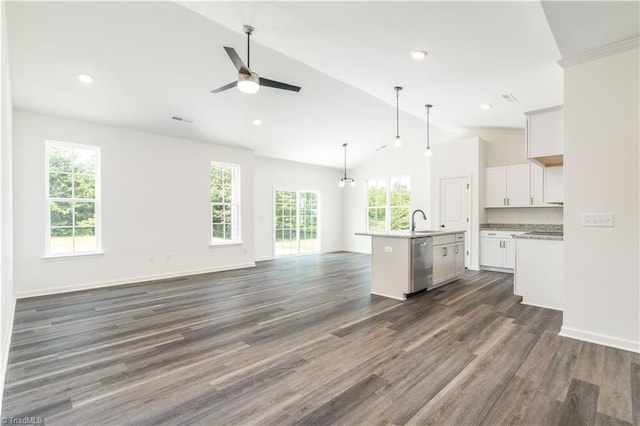 kitchen with lofted ceiling, a wealth of natural light, an island with sink, and ceiling fan