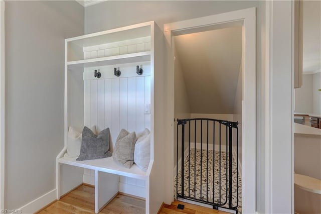 mudroom featuring wood finished floors and ornamental molding