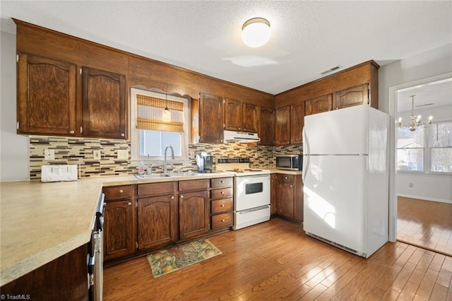 kitchen with tasteful backsplash, white appliances, light hardwood / wood-style floors, and sink