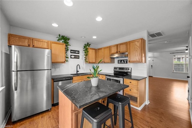 1948 Ray Alexander Dr, Greensboro, NC 27410 - kitchen featuring appliances with stainless steel finishes, under cabinet range hood, a sink, wood finished floors, and decorative backsplash