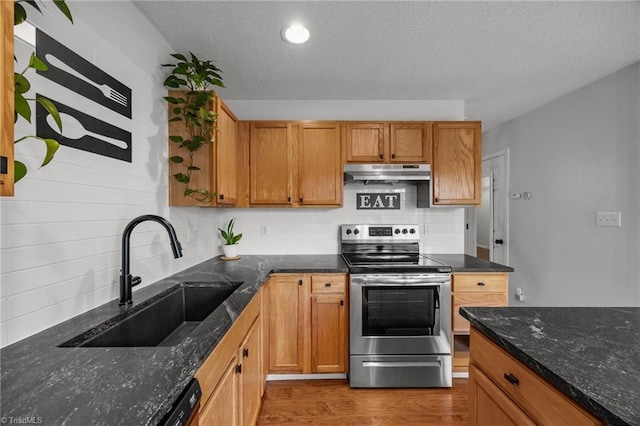 1948 Ray Alexander Dr, Greensboro, NC 27410 - kitchen featuring electric range, a sink, under cabinet range hood, backsplash, and wood finished floors