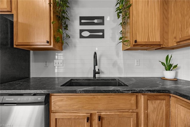 1948 Ray Alexander Dr, Greensboro, NC 27410 - kitchen with stainless steel dishwasher, a sink, and decorative backsplash