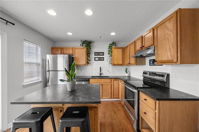 1948 Ray Alexander Dr, Greensboro, NC 27410 - kitchen featuring stainless steel appliances, under cabinet range hood, a sink, a textured ceiling, and a kitchen breakfast bar