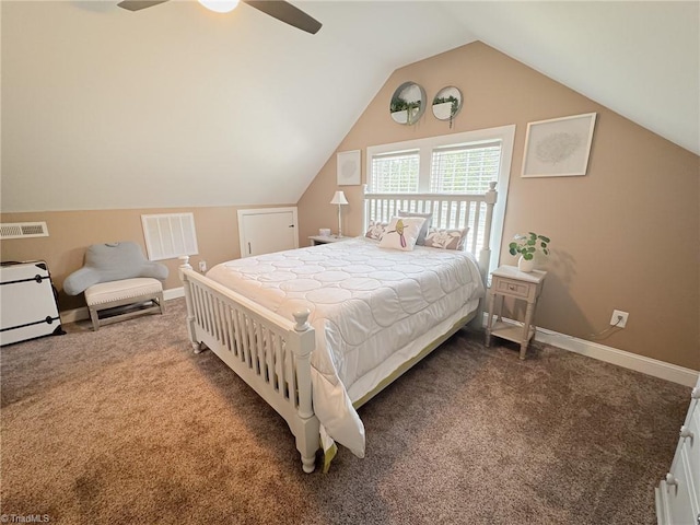 carpeted bedroom featuring baseboards, visible vents, ceiling fan, and lofted ceiling