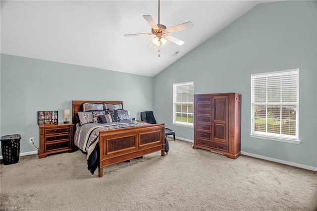 1420 Joyceland Rd, Kernersville, NC 27284 - carpeted bedroom featuring visible vents, baseboards, high vaulted ceiling, and ceiling fan