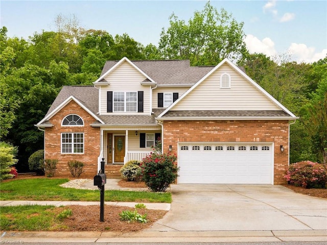 5711 Beaver Pond Trl, Pfafftown, NC 27040 - traditional-style house with concrete driveway, covered porch, roof with shingles, brick siding, and a garage