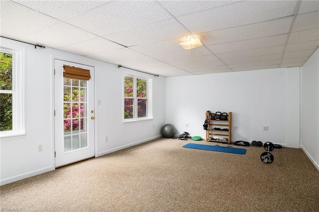 5711 Beaver Pond Trl, Pfafftown, NC 27040 - workout area with carpet flooring, plenty of natural light, a paneled ceiling, and baseboards