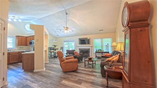 4401 Barndale Ct, Jamestown, NC 27282 - living area with a ceiling fan, vaulted ceiling, wood finished floors, a fireplace, and plenty of natural light