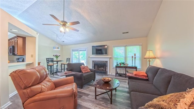 4401 Barndale Ct, Jamestown, NC 27282 - living room featuring a textured ceiling, lofted ceiling, ceiling fan, wood finished floors, and a fireplace