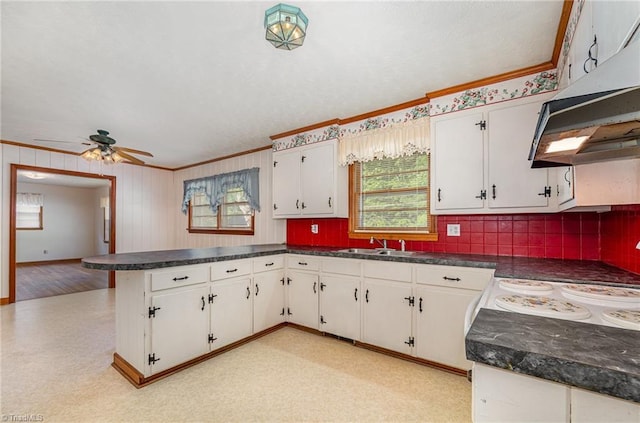 kitchen with crown molding, dark countertops, a peninsula, under cabinet range hood, and white cabinetry