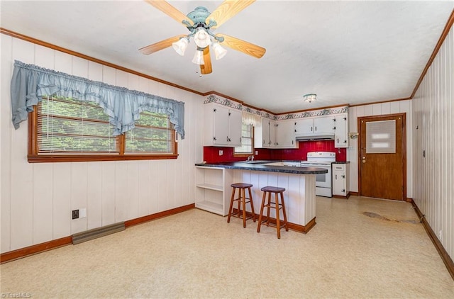 kitchen featuring crown molding, dark countertops, a peninsula, under cabinet range hood, and white electric range