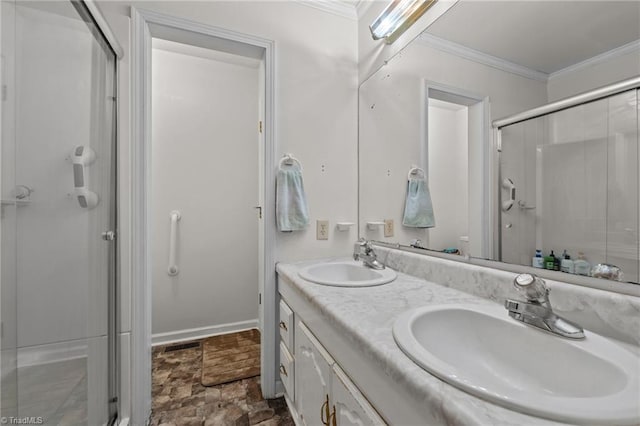 2719 NC Highway 87, Graham, NC 27253 - bathroom with a stall shower, ornamental molding, double vanity, stone finish flooring, and baseboards