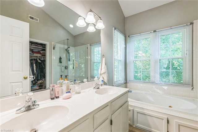 bathroom featuring vaulted ceiling, a stall shower, a bath, double vanity, and a spacious closet