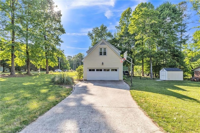 view of home's exterior with an outbuilding, a shed, a lawn, a garage, and concrete driveway