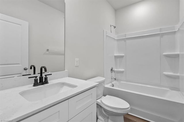4196 Emmas Way E, Bend, NC 27018 - bathroom with toilet, vanity, shower / bath combination, and wood finished floors