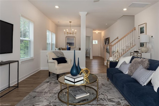 6005 Crestridge Ln Unit 1005, Winston-Salem, NC 27105 - living area with wood finished floors, a chandelier, plenty of natural light, stairway, and recessed lighting
