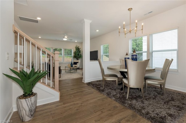 6005 Crestridge Ln Unit 1005, Winston-Salem, NC 27105 - dining room featuring wood finished floors, a chandelier, stairs, recessed lighting, and ornate columns
