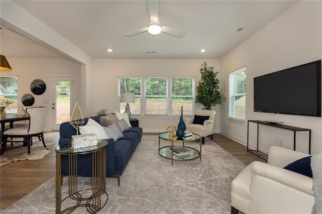 6005 Crestridge Ln Unit 1005, Winston-Salem, NC 27105 - living room with wood finished floors, healthy amount of natural light, ceiling fan, and recessed lighting