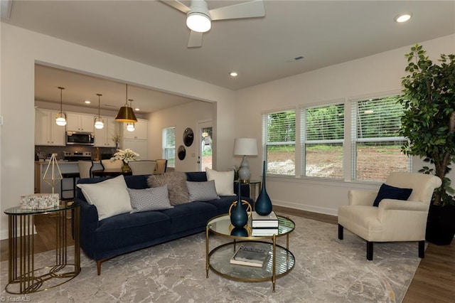 6005 Crestridge Ln Unit 1005, Winston-Salem, NC 27105 - living room featuring light wood finished floors, recessed lighting, and ceiling fan