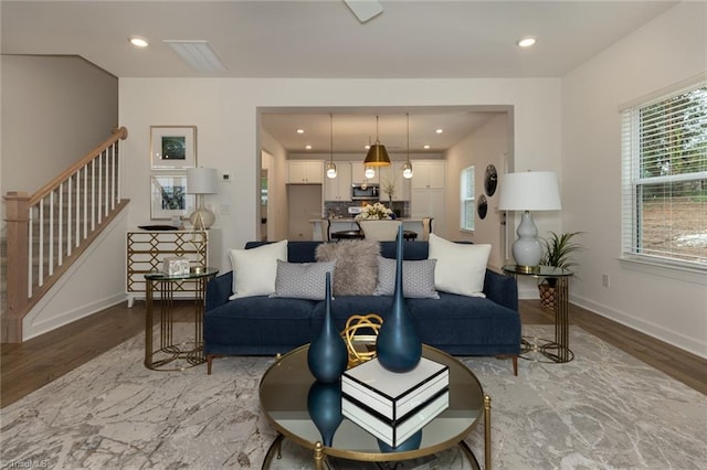 6005 Crestridge Ln Unit 1005, Winston-Salem, NC 27105 - living area featuring stairway, light wood-type flooring, and recessed lighting