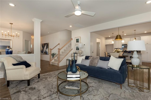 6005 Crestridge Ln Unit 1005, Winston-Salem, NC 27105 - living room featuring wood finished floors, a ceiling fan, stairway, a chandelier, and recessed lighting