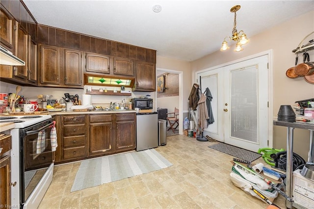 kitchen featuring an inviting chandelier, hanging light fixtures, stainless steel dishwasher, white range with electric stovetop, and dark brown cabinets