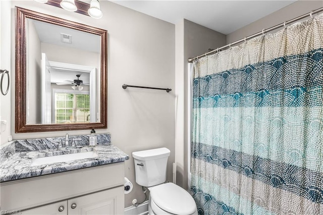 3632 Sally Kirk Rd, Winston-Salem, NC 27106 - bathroom featuring a ceiling fan, vanity, toilet, and a shower with shower curtain