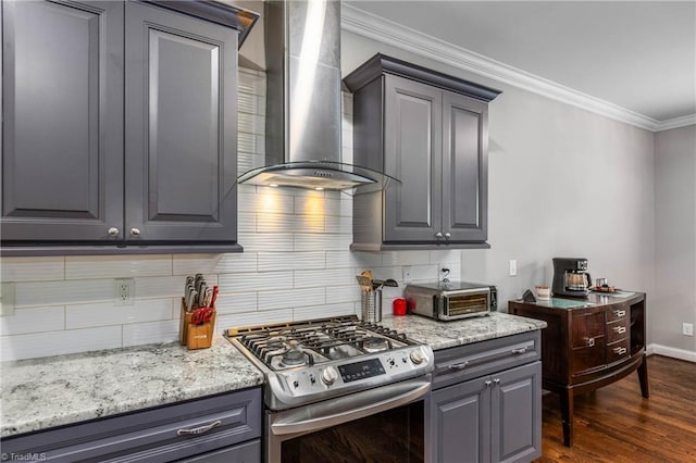 3632 Sally Kirk Rd, Winston-Salem, NC 27106 - kitchen with stainless steel gas range oven, wall chimney range hood, ornamental molding, decorative backsplash, and dark wood-type flooring