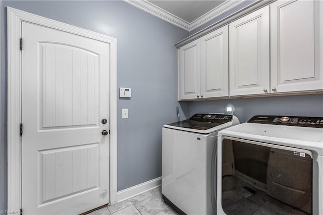 3632 Sally Kirk Rd, Winston-Salem, NC 27106 - laundry room with separate washer and dryer, baseboards, crown molding, cabinet space, and light marble finish floors