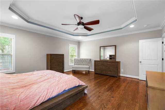 3632 Sally Kirk Rd, Winston-Salem, NC 27106 - bedroom with a tray ceiling, crown molding, wood finished floors, recessed lighting, and baseboards
