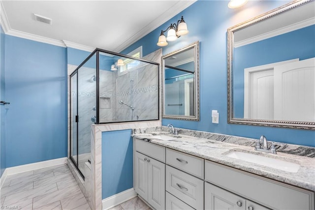 3632 Sally Kirk Rd, Winston-Salem, NC 27106 - full bathroom with crown molding, marble finish flooring, a shower stall, double vanity, and baseboards