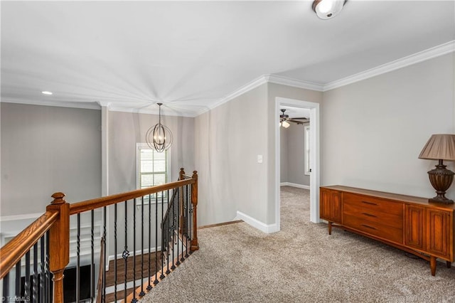 3632 Sally Kirk Rd, Winston-Salem, NC 27106 - corridor with an upstairs landing, light colored carpet, ornamental molding, baseboards, and a chandelier
