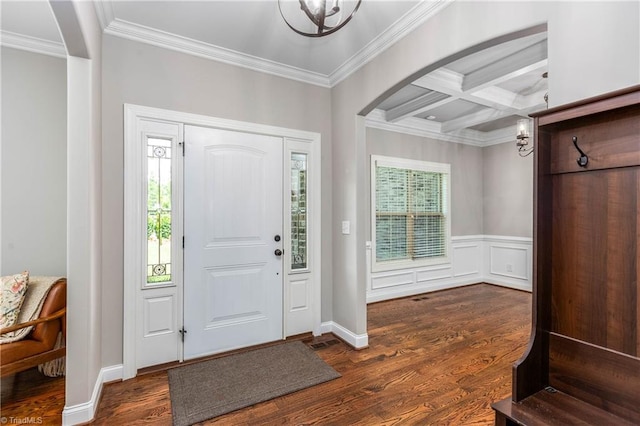 3632 Sally Kirk Rd, Winston-Salem, NC 27106 - entryway with crown molding, dark wood-style floors, coffered ceiling, beamed ceiling, and a chandelier