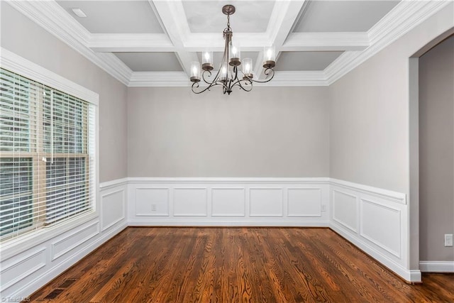 3632 Sally Kirk Rd, Winston-Salem, NC 27106 - unfurnished room featuring a chandelier, dark wood-style floors, coffered ceiling, a wainscoted wall, and beamed ceiling