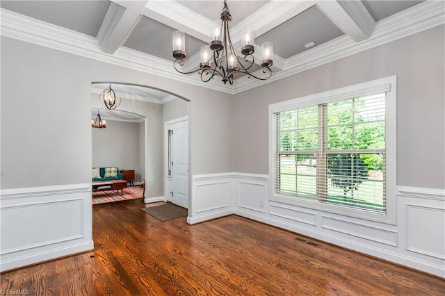 3632 Sally Kirk Rd, Winston-Salem, NC 27106 - spare room with a chandelier, coffered ceiling, arched walkways, crown molding, and dark wood-style flooring
