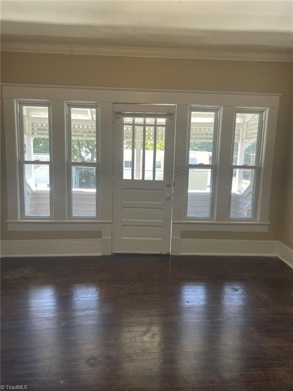 entryway with baseboards, ornamental molding, and dark wood-type flooring