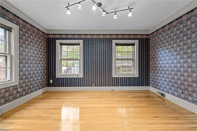 spare room with ornamental molding, light hardwood / wood-style flooring, and a healthy amount of sunlight