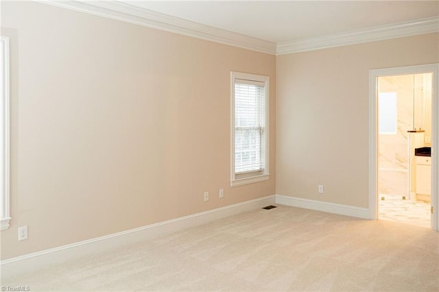 carpeted empty room featuring crown molding